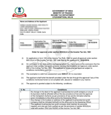 12A Income Tax Exemption Certificate issued by Government of India for NGOs