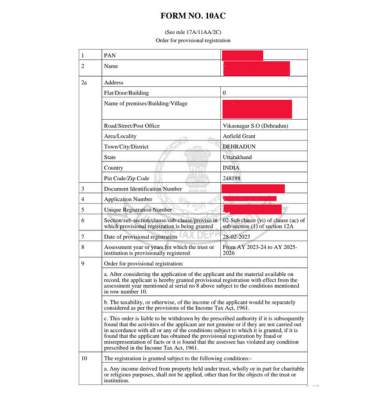 80G Income Tax Deduction Certificate for Donations - Indian NGO Compliance