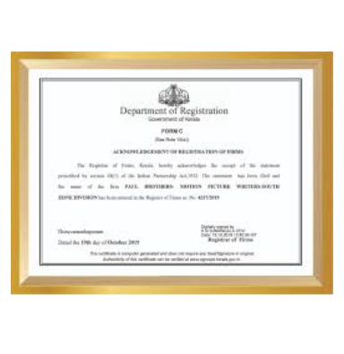 Department of Registration Certificate - Legal Entity Registration Proof